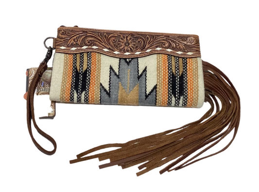 AMERICAN DARLING AZTEC & TOOLED LEATHER CLUTCH WITH FRINGE - CREAM