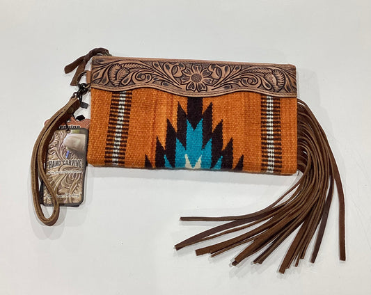 AMERICAN DARLING AZTEC & TOOLED LEATHER CLUTCH WITH FRINGE - GOLD