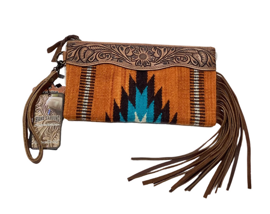 AMERICAN DARLING AZTEC & TOOLED LEATHER CLUTCH WITH FRINGE - GOLD