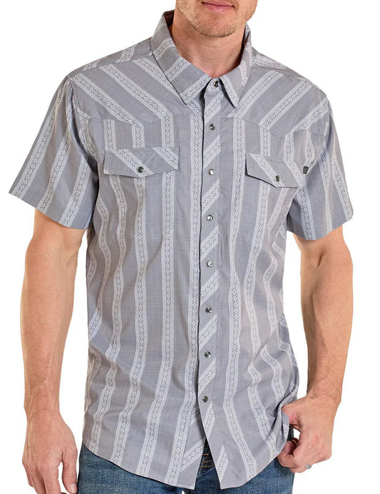 ROCK AND ROLL MEN'S TEK WESTERN CLASSIC DOBBY SHIRT - GREY STRIPE