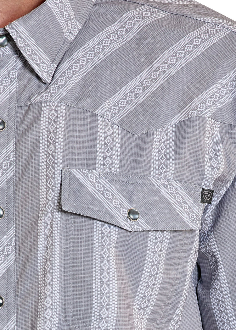 ROCK AND ROLL MEN'S TEK WESTERN CLASSIC DOBBY SHIRT - GREY STRIPE