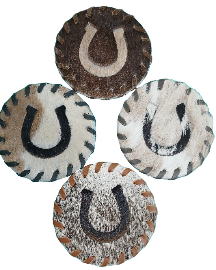 ROUND COWHIDE LACED COASTERS - HORSESHOE