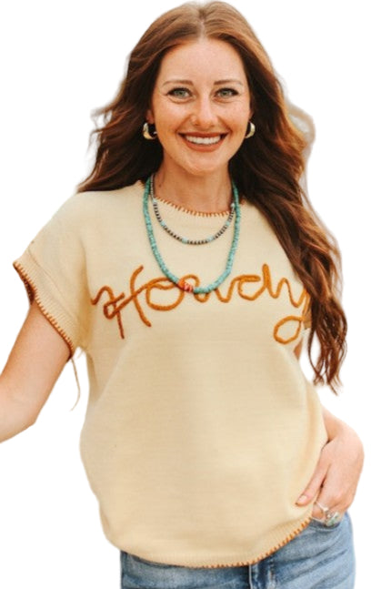 "HOWDY" EMBROIDERED CAP SLEEVE SWEATER in BEIGE