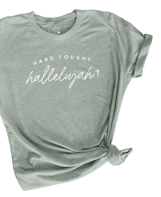 "HARD FOUGHT HALLELUJAH" GRAPHIC T-SHIRT in HEATHER SAGE