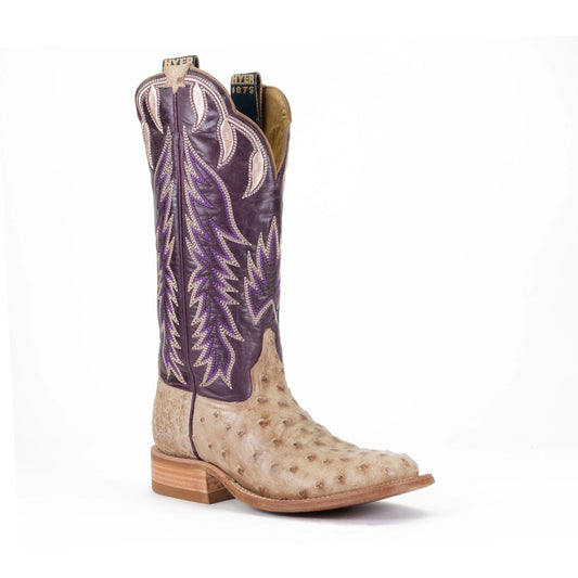 HYER "HARPER" FULL QUILL OSTRICH LADIES BOOTS in TAN/EGGPLANT