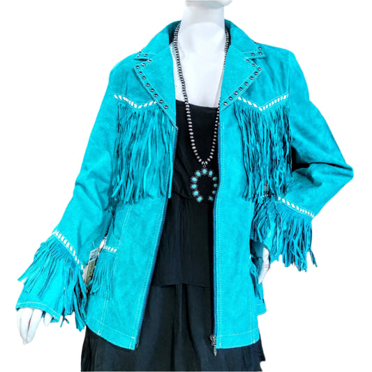 CRIPPLE CREEK LADIES STUD AND HAND LACED FRINGE JACKET in TURQUOISE