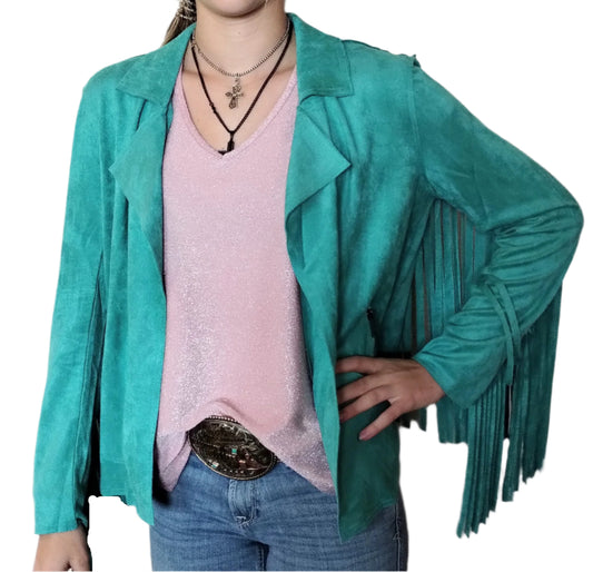 W.A.Y. SUEDE FRINGE JACKET in AQUA