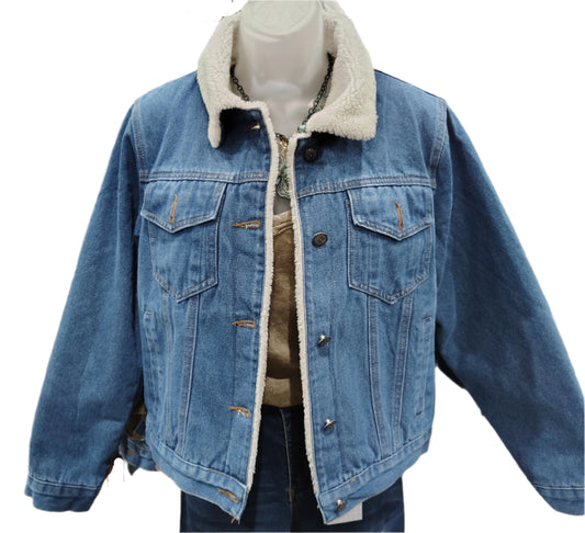 MEDIUM WASH DENIM SHERPA LINED COLLAR CONCHO BUTTON JACKET