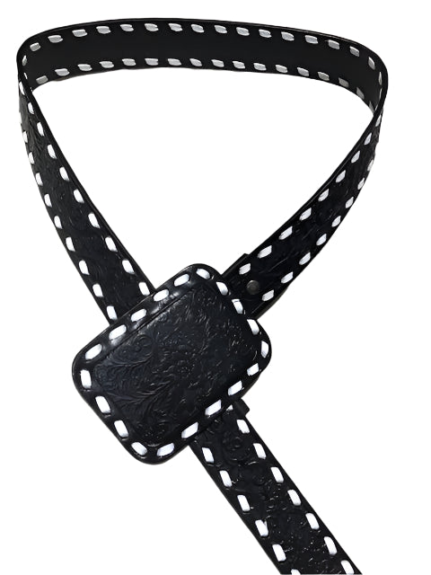 BLACK TOOLED LEATHER BELT WITH IVORY BUCKSTITCH