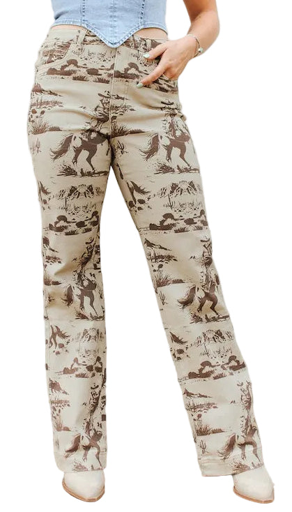 BEIGE DESERT PRINTED HIGH RISE TROUSER JEANS
