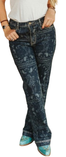 DARK WASH MID-RISE WESTERN PRINT JEANS