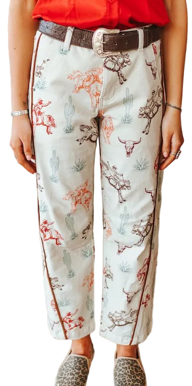 CREAM WESTERN PRINT STRETCH DENIM BARREL JEANS