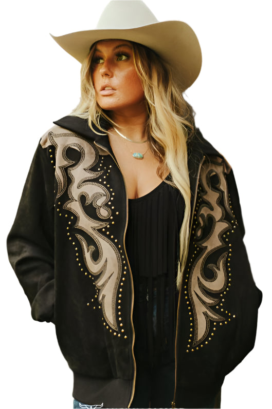 LADIES BLACK SUEDE BOOT STITCH STUDDED BOMBER JACKET