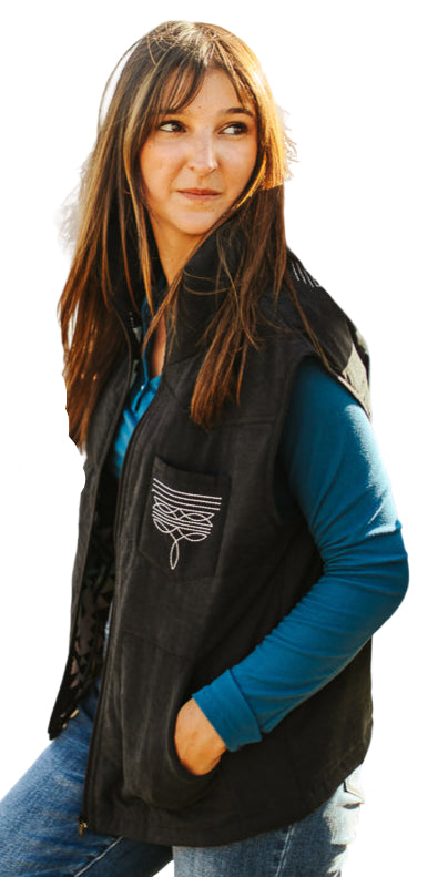 BOOT STITCH PUFFER VEST W/AZTEC LINING - BLACK