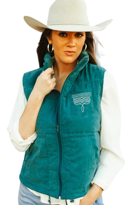 BOOT STITCH PUFFER VEST W/AZTEC LINING - TEAL