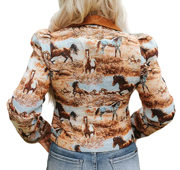RUNNING HORSE PRINT JACQUARD BLAZER W/SUEDE COLLAR & POCKETS