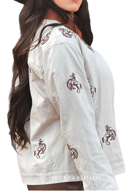 BEIGE WESTERN HORSE PRINTED CORDUROY ZIP UP JACKET