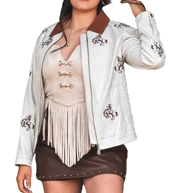 BEIGE WESTERN HORSE PRINTED CORDUROY ZIP UP JACKET