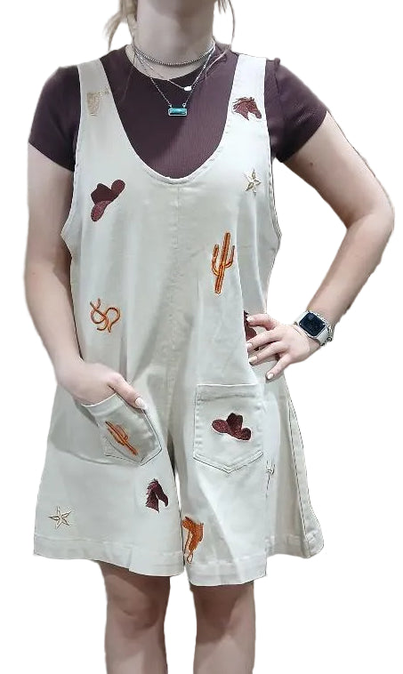 WESTERN MOTIF EMBROIDERED THICK STRAP ROMPER in BEIGE
