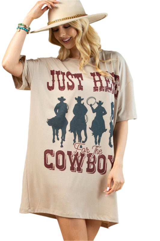 LADIES JUST HERE FOR THE COWBOYS GRAPHIC T-SHIRT DRESS in KHAKI