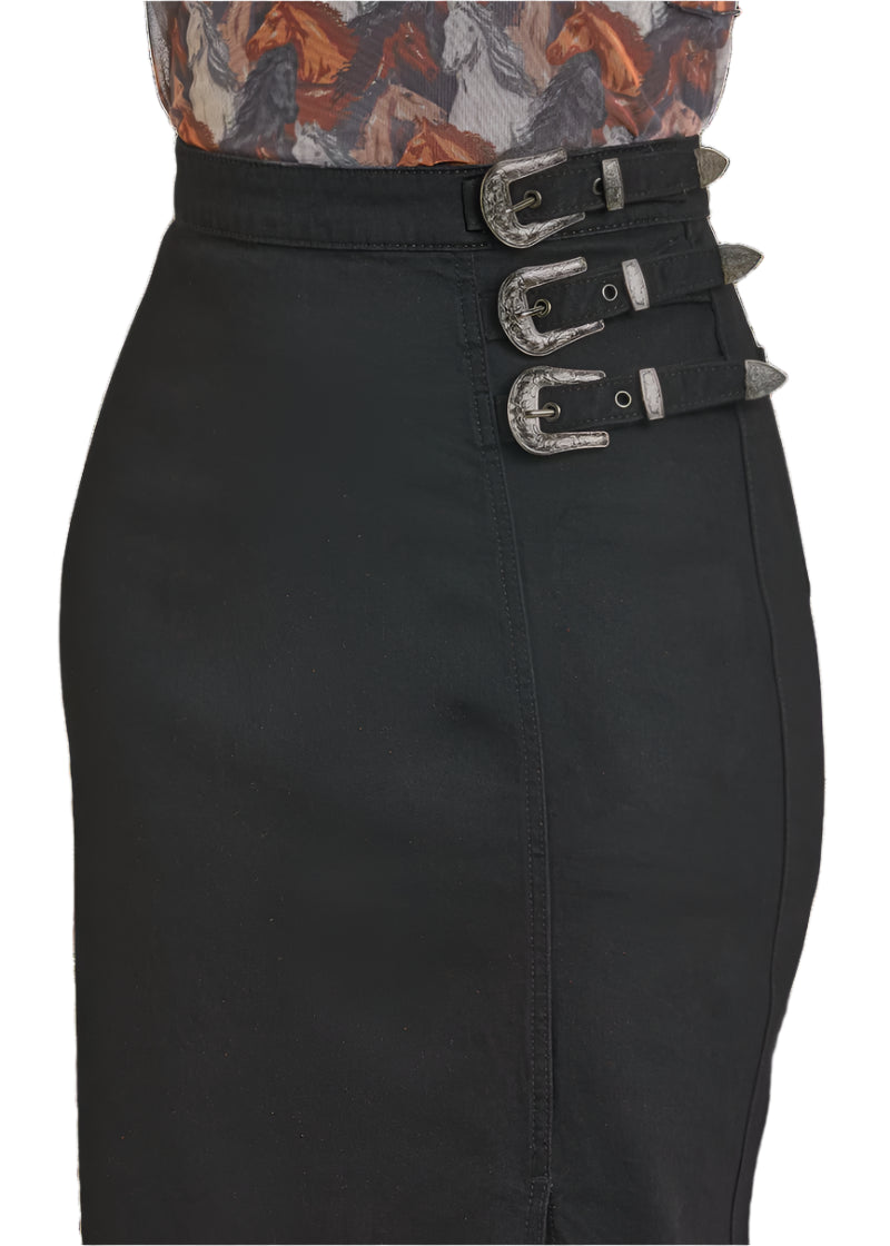 ROCK & ROLL WOMEN'S BLACK DENIM BUCKLE DETAIL SKIRT