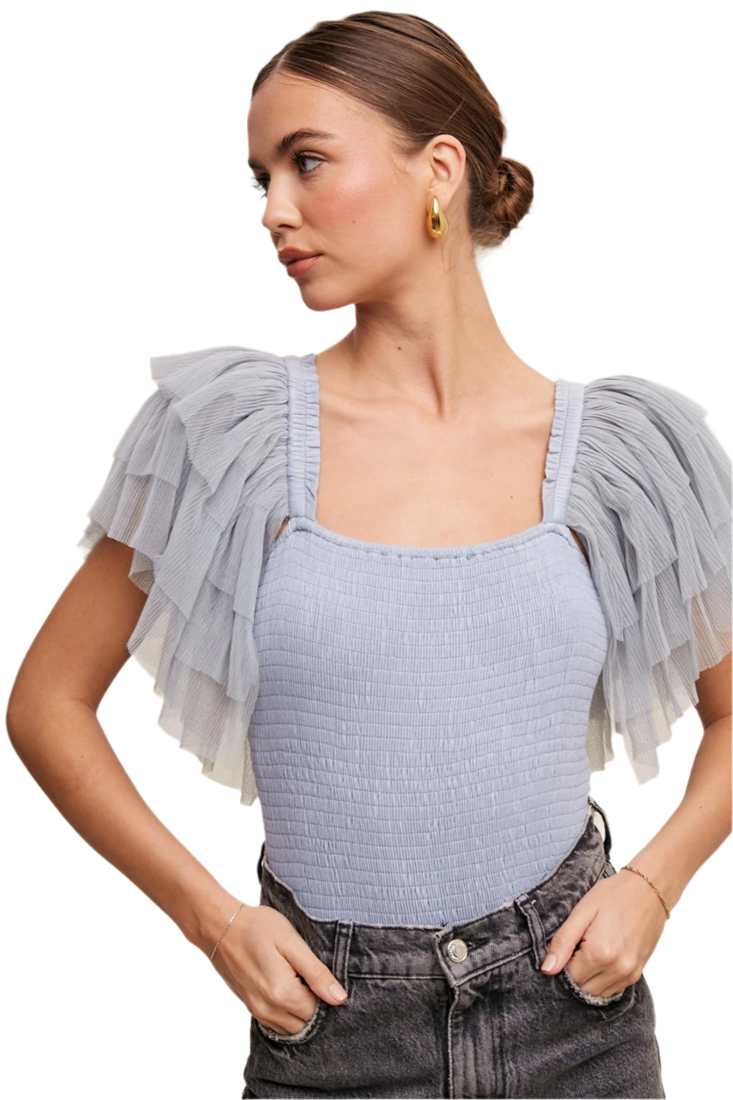 RUFFLED ELEGANCE BODYSUIT - DUSTY BLUE