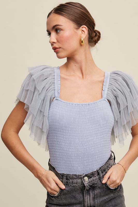 RUFFLED ELEGANCE BODYSUIT - DUSTY BLUE
