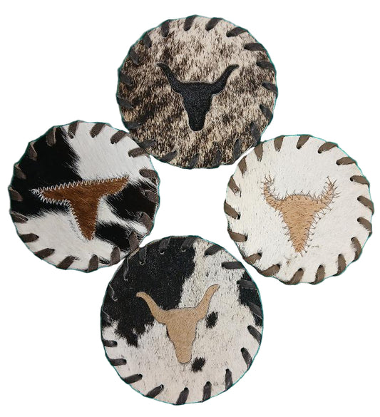 ROUND COWHIDE LACED COASTERS - LONGHORN
