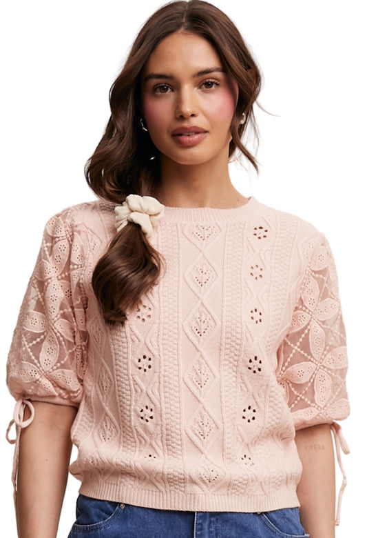 EYELET PUFF SLEEVE KNIT SWEATER TOP in MUTE PINK