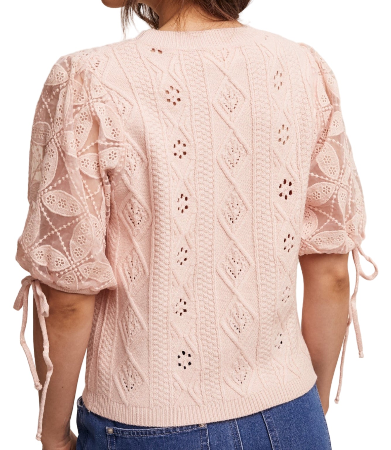 EYELET PUFF SLEEVE KNIT SWEATER TOP in MUTE PINK