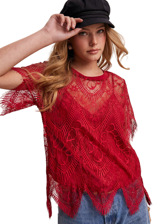 SCALLOPED LACE SHORT SLEEVE TOP in WINE