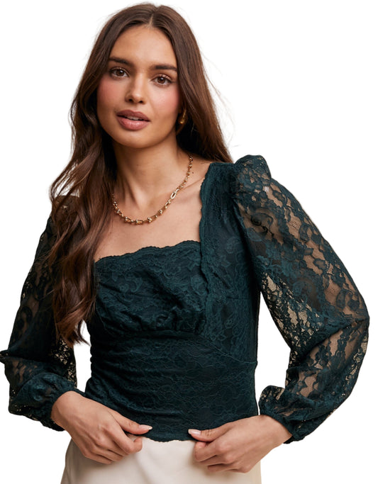 RENAISSANCE STYLE LACE BLOUSE in DEEP GREEN