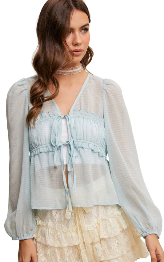 SHEER LONG PUFF SLEEVE TIE FRONT BLOUSE in SOFT BLUE