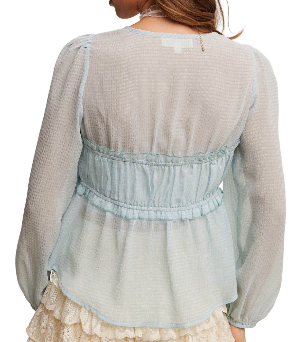 SHEER LONG PUFF SLEEVE TIE FRONT BLOUSE in SOFT BLUE