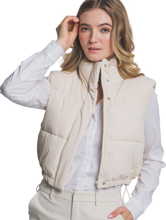 HIGH NECK CROPPED PUFFER VEST in IVORY OR TAUPE
