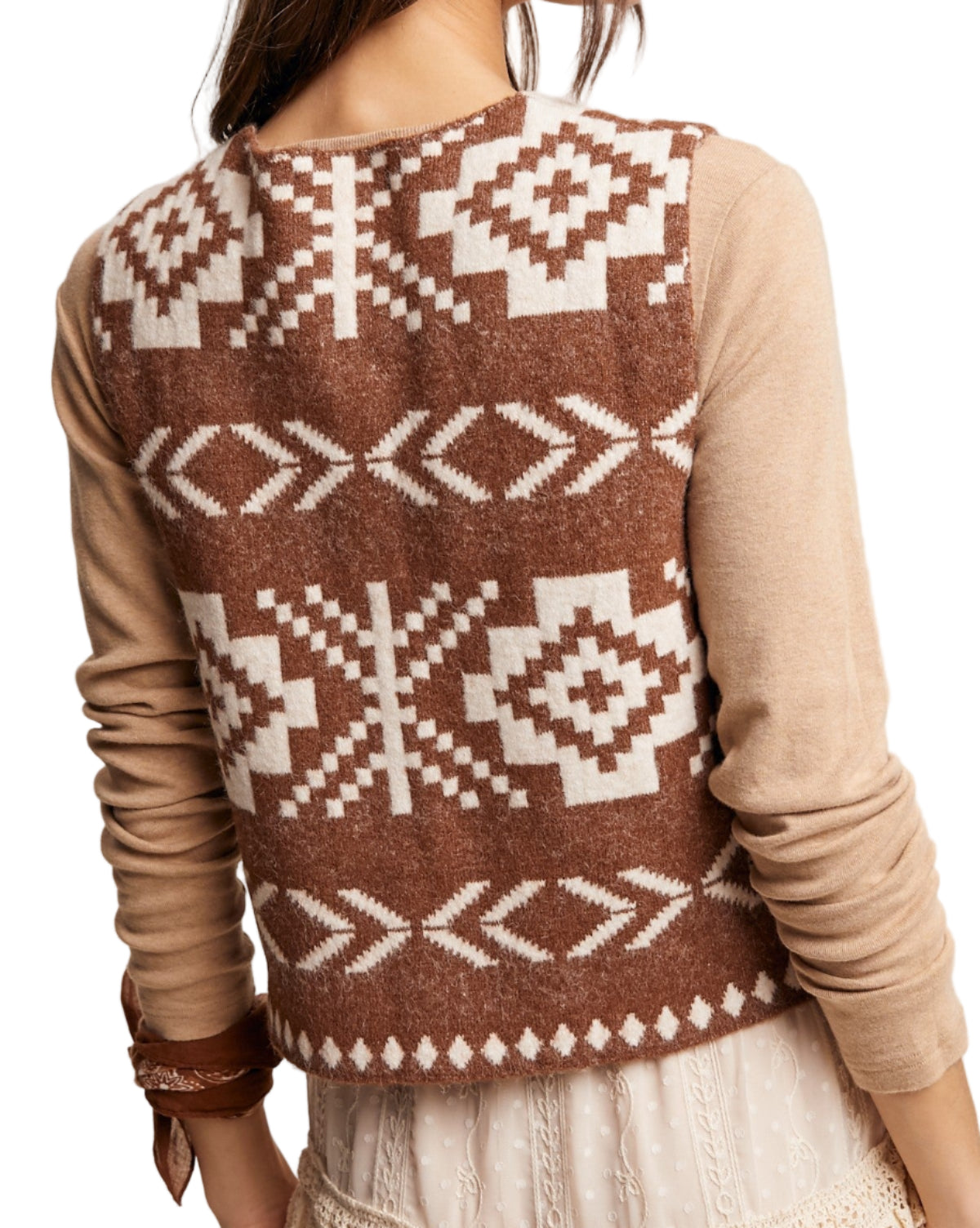 AZTEC PRINT BUTTON-UP KNIT VEST - AMBER BROWN