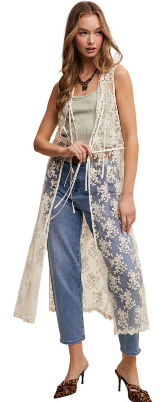 LONG SHEER FLORAL EMBROIDERED LACE VEST