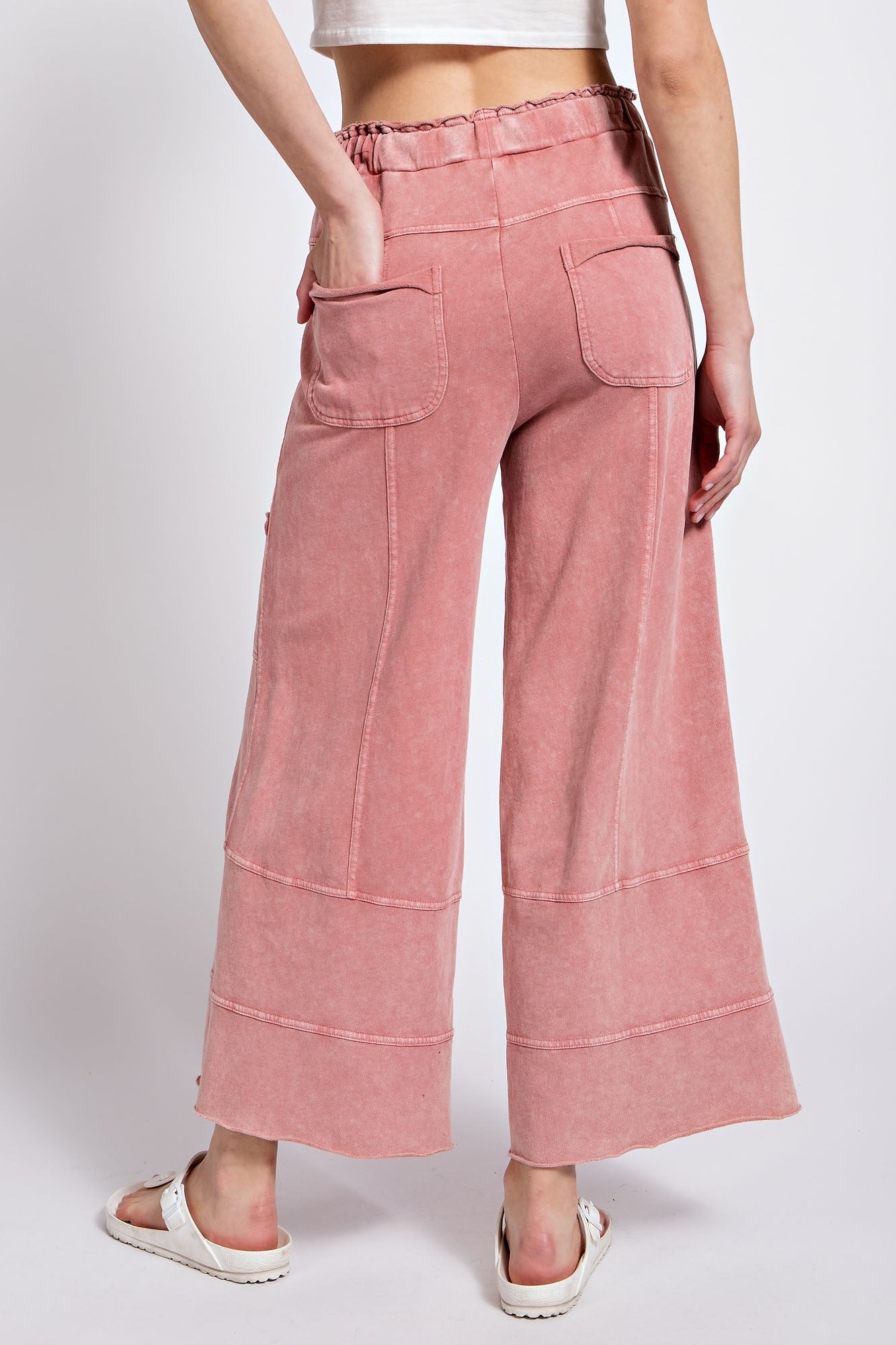 LADIES MINERAL WASHED TERRY KNIT PANTS - MAUVE