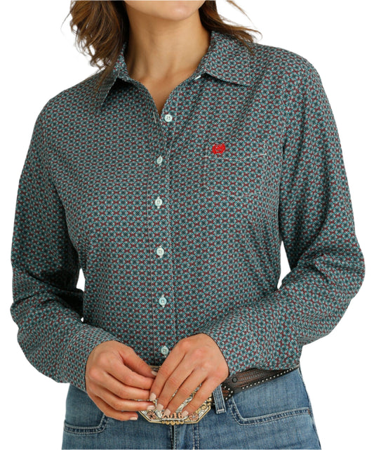 CINCH WOMEN'S ARENAFLEX GEOMETRIC BUTTON-DOWN WESTERN SHIRT - RED/TEAL/WHITE