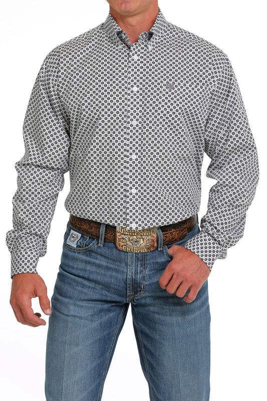 MEN'S GEOMETRIC PRINT BUTTON-DOWN WESTERN SHIRT - WHITE / PURPLE