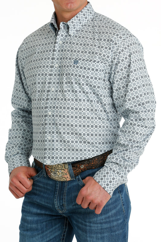 CINCH MEN'S STRETCH GEOMETRIC PRINT BUTTON-DOWN WESTERN SHIRT - WHITE / LIGHT BLUE / NAVY