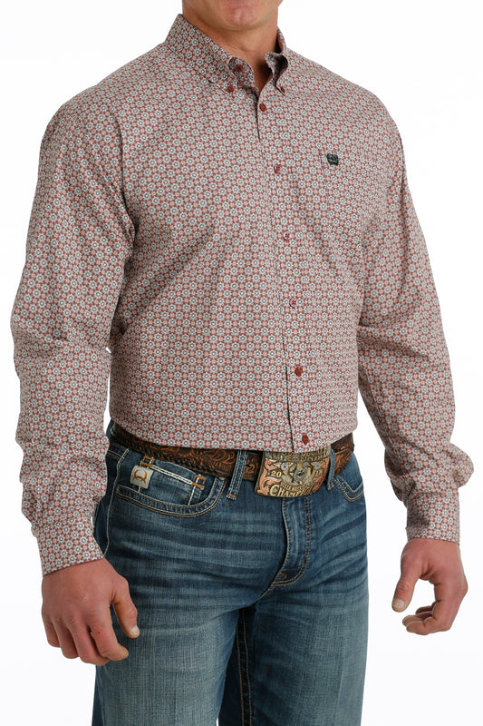CINCH MEN'S GEO PRINT BUTTON DOWN LONG SLEEVE SHIRT - BURGANDY / WHITE / GOLD