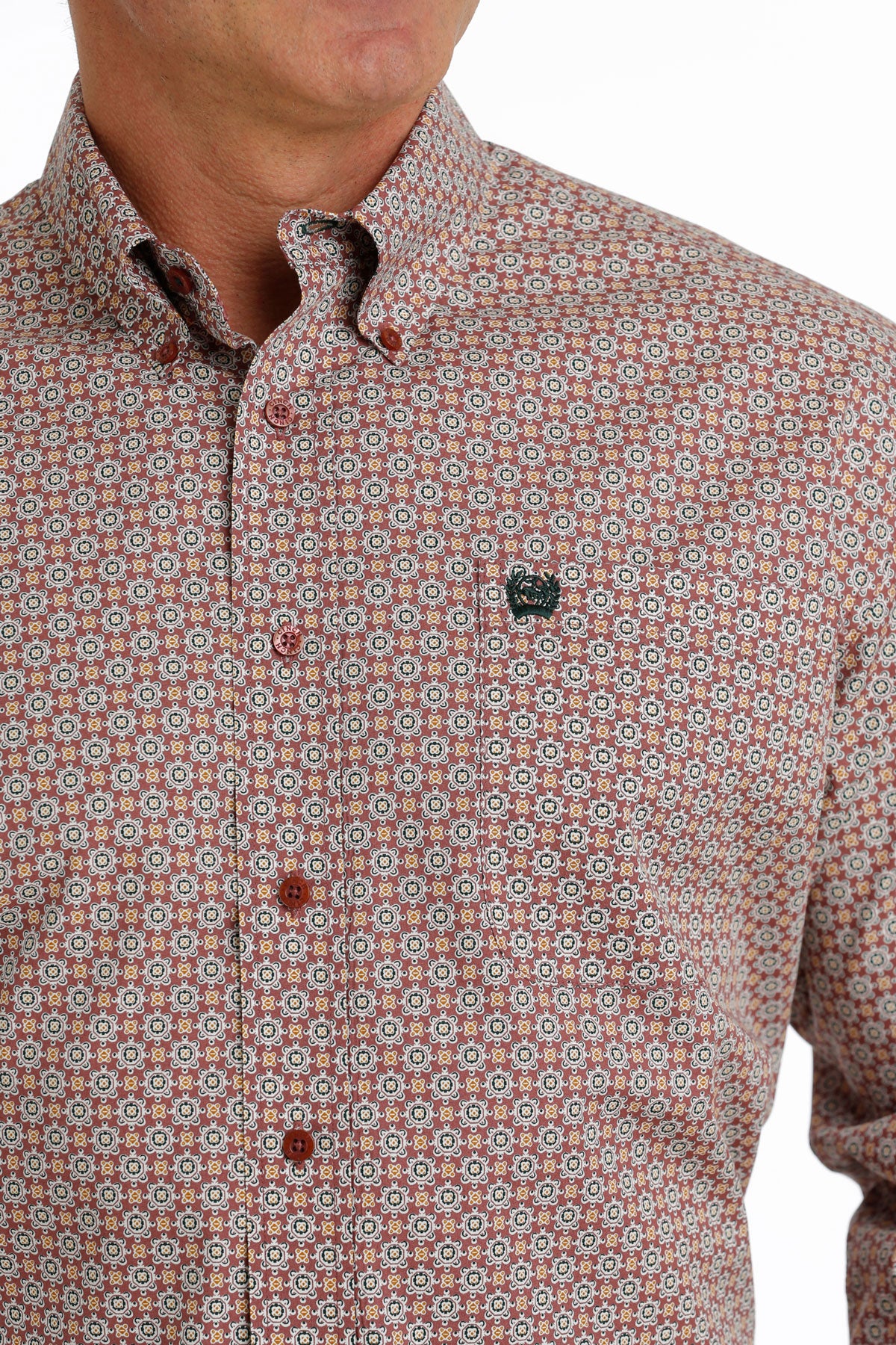 CINCH MEN'S GEO PRINT BUTTON DOWN LONG SLEEVE SHIRT - BURGANDY / WHITE / GOLD