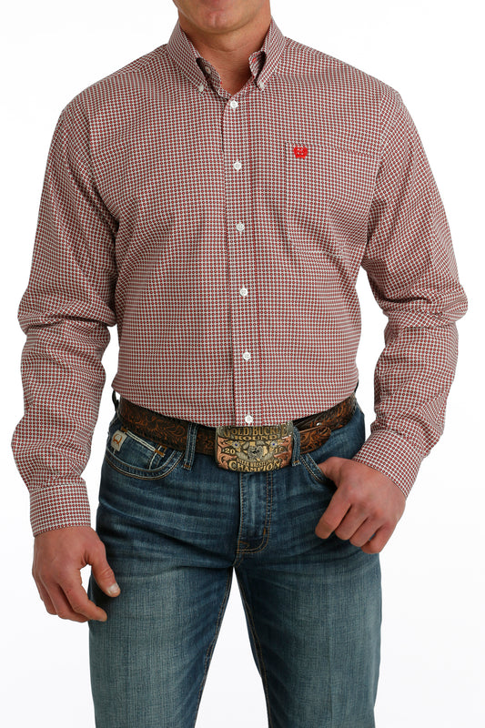 CINCH MEN'S GEOMETRIC PRINT BUTTON-DOWN WESTERN SHIRT - WHITE / RED