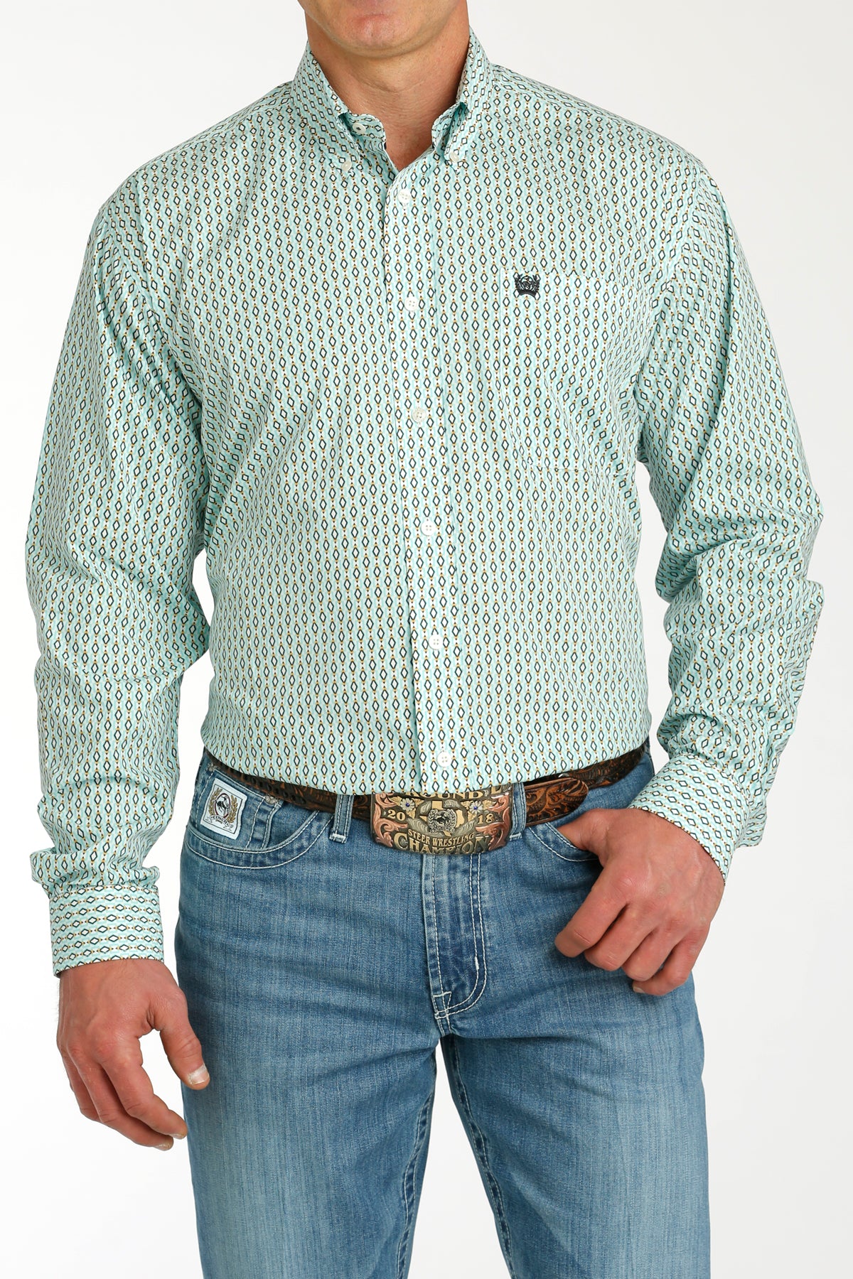 CINCH MEN'S GEOMETRIC PRINT BUTTON-DOWN WESTERN SHIRT - CREAM / TURQUOISE