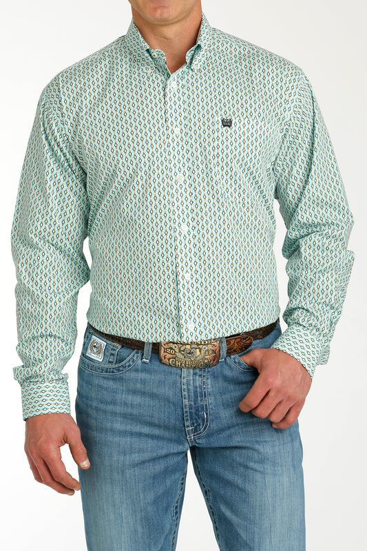 CINCH MEN'S GEOMETRIC PRINT BUTTON-DOWN WESTERN SHIRT - CREAM / TURQUOISE