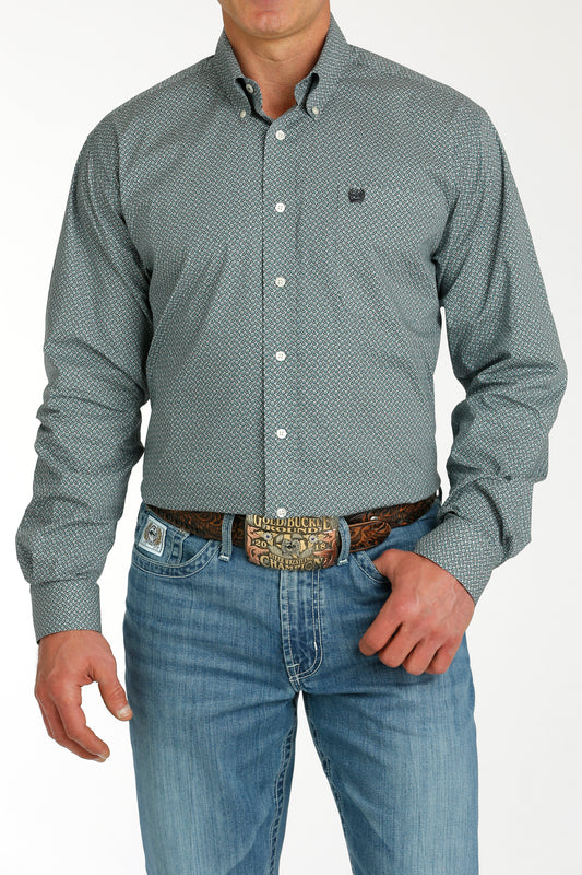 CINCH MEN'S STRETCH GEOMETRIC PRINT BUTTON-DOWN WESTERN SHIRT - GREEN / CREAM