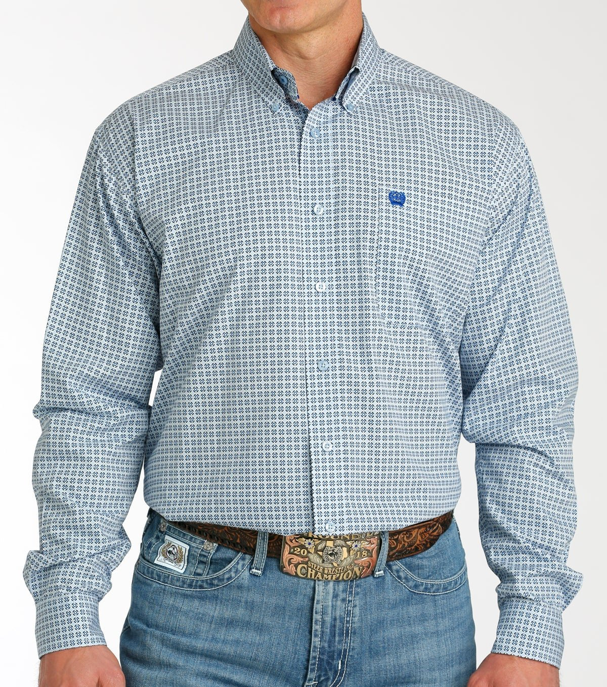 CINCH MEN'S GEOMETRIC PRINT BUTTON-DOWN WESTERN SHIRT - LIGHT BLUE
