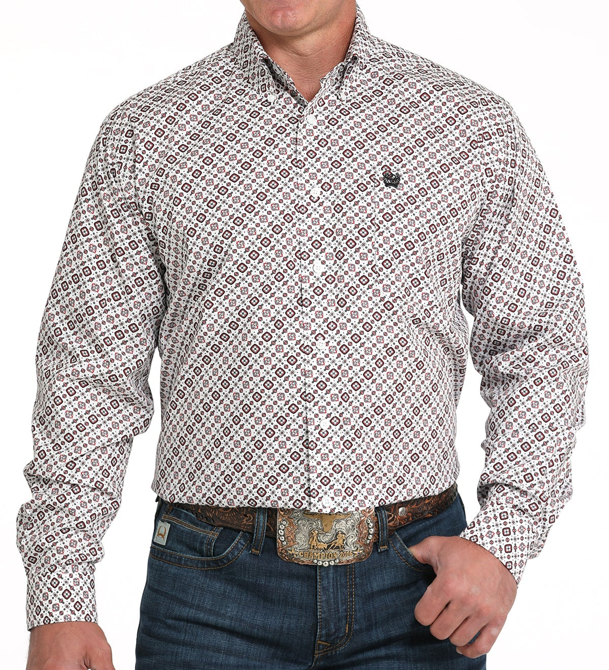 CINCH MEN'S LONG SLEEVE CLASSIC FIT PRINT SHIRT - WHITE, RED, GREY