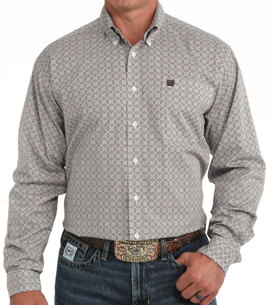 CINCH MEN'S GEO PRINT BUTTON DOWN LONG SLEEVE SHIRT - WHITE/MAROON